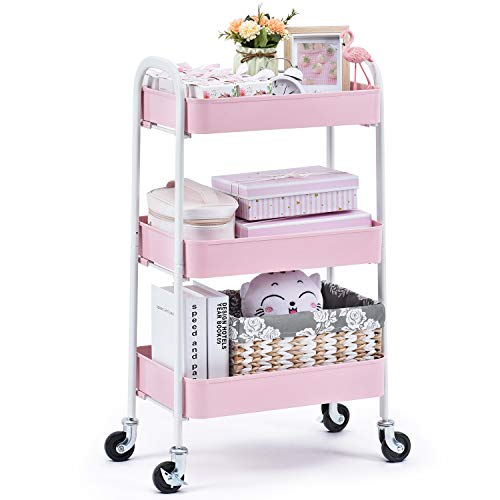TOOLF 3 Tier Rolling Cart, No Screw Metal Utility Cart, Easy Assemble Utility Serving Cart, Sturdy Storage Trolley with Handles, Locking Wheels, for Classroom Office Home Bedroom Bathroom, Pink - PINK