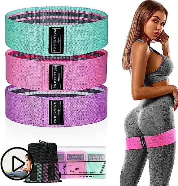 PORTENTUM Cintas elasticas musculacion, Set de 3 Bandas elasticas Fitness Antideslizantes de Tela. 3 Niveles de Resistencia para Crossfit, Yoga, Glúteos y Otros Deportes y Bolsa de Almacenamiento - 3 bandas - Rosa, verde, púrpura