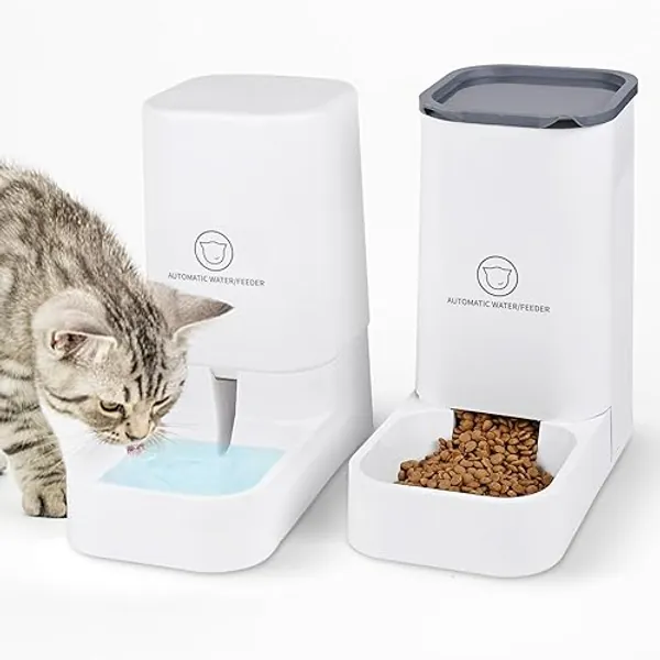 Dreamhigh® Comedero Gato Automatico, Una 3.8L Bebedero Gatos e 2.1KG Comedero Gato, Sin BPA Dispensador Comida para Gatos y Perros, para Pequeños y Medianos-Blanco