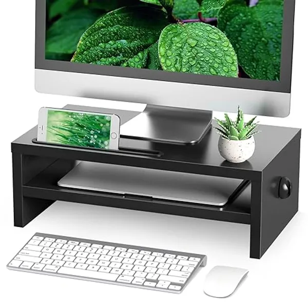 Rfiver Soporte Monitor Madera Elevador Escritorio para Portatil Pantalla Ordenador PC Monitores con Soporte para Teléfono & Tableta y Gestión de Cables | 2 Niveles Negro W425 x D235 x H140 Max 30KG