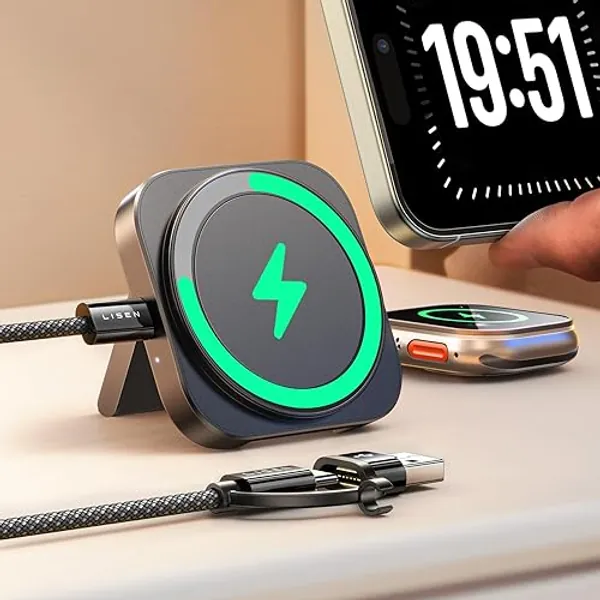 LISEN Mini Cargador Inalámbrico para iPhone y Apple Watch 10 Base de Carga MagSafe Apple 3 en 1 Plegable Cargador Magsafe Magnético para iPhone 16 15 Pro Max 14 13 12 y iWatch AirPods Wireless Charger - negro