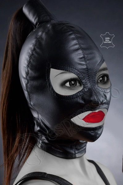 Luxury Ponytail Real Leather Hood, Fetish Clubwear Mask Genuine Leather, BDSM bondage hood for women, bdsm fetish wear women, bdsm-gear