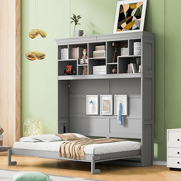 Queen Murphy Bed Cabinet Bed, Queen Size Murphy Bed with Shelves & USB, Solid Wood Wall Bed, Hidden Murphy Beds Foldable Bed Frame, Horizontal Murphy Bed Queen for Guest Room, Living Room, Grey
