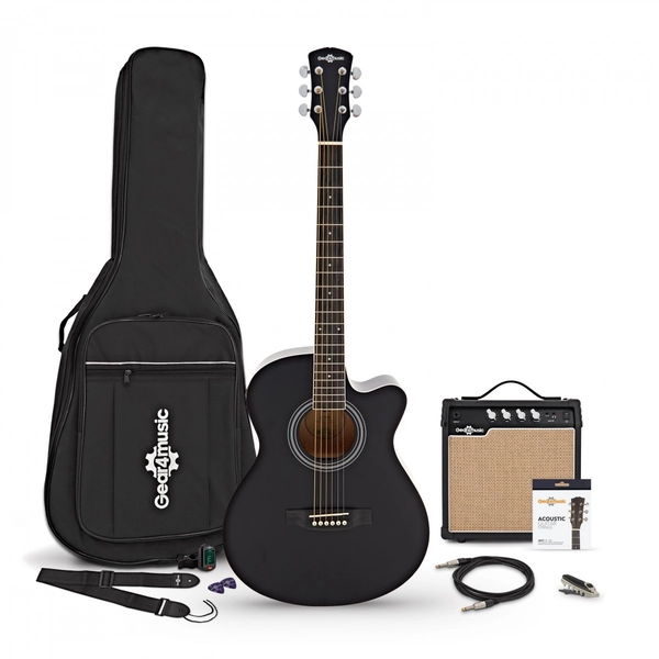 Single Cutaway Electro Acoustic Guitar Black, 15W Acoustic Amp & Accessory Pack | Gear4music