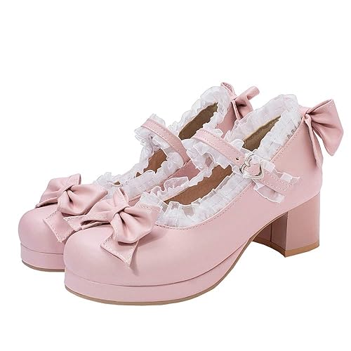 LUXMAX Women Kawaii Mid Block Heel Mary Jane Rockabilly Pumps with Bow Platform Chunky Heel Cute Sweet Shoes - 9.5 - Pink