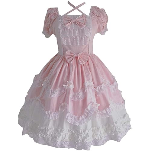 Re-Lady Women Sweet Lolita Dress Princess Halloween Cosplay Costumes Lace Layers Maid Dresses - 3X-Large - Pink