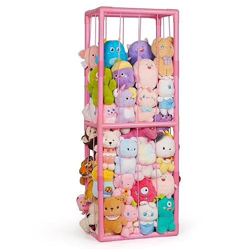 Trycooling Stuffed Animal Storage Zoo Stuffed Animal Holder Space Save Vertical Stuffed Animals Storage PVC with Elastic Band and Net for Playroom Bedroom Nursery (Pink 1) - Pink 1