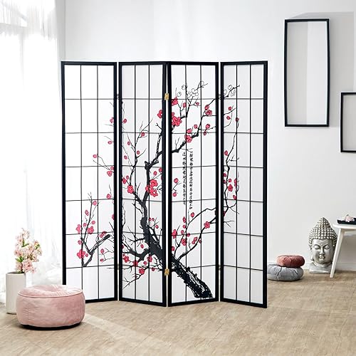Homestyle4u 150, Paravent Raumteiler 4 teilig Innen Holz Schwarz Reispapier Weiß Kirschblüten Motiv Sichtschutz - 4 teilig