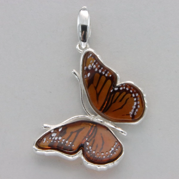 Hand Carved Baltic Amber Butterfly Pendant: Sterling Silver Gemstone Jewelry