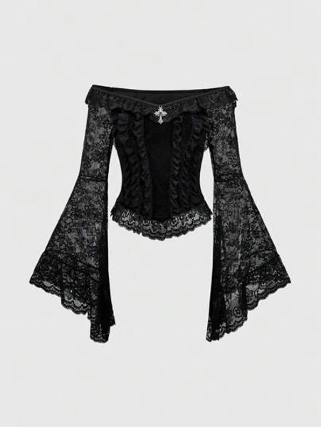 ROMWE Goth Blusa de veludo com ombros à mostra, manga sino e detalhe de renda em contraste, em estilo palaciano gótico, para mulheres