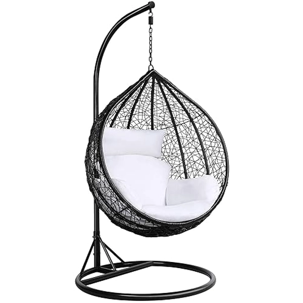 Yaheetech Garden Swing Chair, Patio Swing Chair Outdoor Hanging Hammock with Stand Indoor Rattan Chair with Cushion and Cover, Black