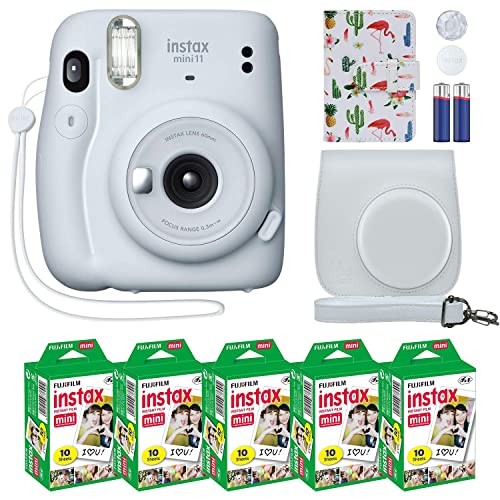 Fujifilm Instax Mini 11 Instant Camera Ice White + MiniMate Accessory Bundle & Compatible Custom Case + Fuji Instax Film Value Pack (50 Sheets) Flamingo Designer Photo Album - Ice White