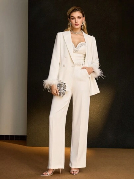 MOTF PREMIUM Pantalones de traje con detalles de bolsillos sesgados, costuras frontales y perlas falsas sólidas y cuentas
