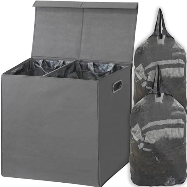 Simple Houseware Double Laundry Hamper with Lid and Removable Laundry Bags, Dark Grey