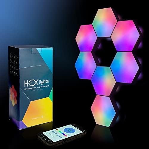Emberela HEXlights Lot de 7 lumières LED hexagonales contrôlées par application – Panneaux muraux RVB – Panneaux lumineux pour mur – Idéal pour salon, chambre à coucher et salle de jeux – Comprend un support pour table