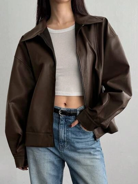 DAZY Loose Fit Casual Lapel Zip Up Motorcycle Faux Leather Jacket, Long Sleeve Oversized Outerwear