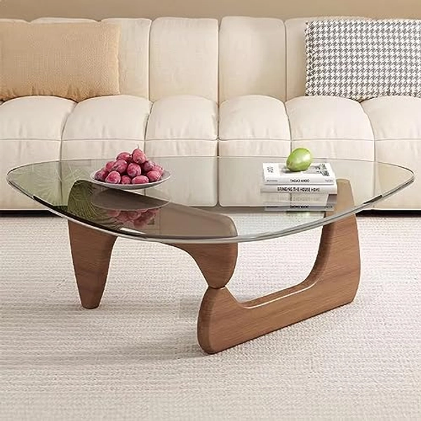 Base en bois massif, plateau en verre transparent, table d'appoint moderne vintage. Idéale pour le salon, la terrasse