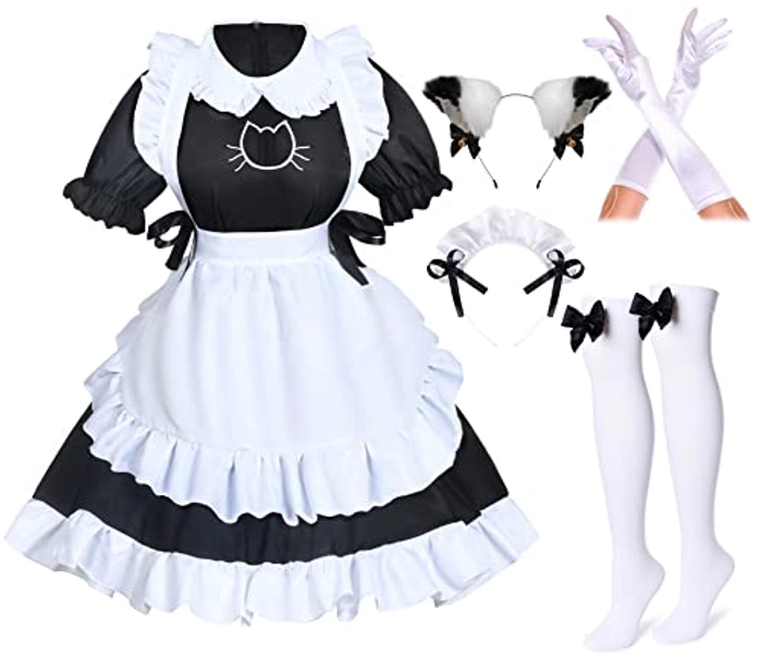 Anime French Cat Maid Apron Fancy Dress Cosplay Costume Headwear Gloves Socks Set(Black 2XL)