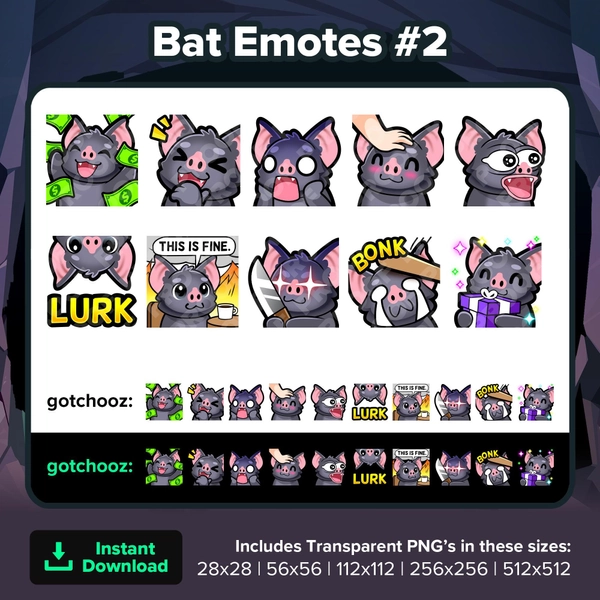 Bat Twitch Emotes Dono Laughing Scared Head Pat POG Lurk This is Fine Hit Evil Knife Gift for Streaming Youtube Discord TikTok P2U
