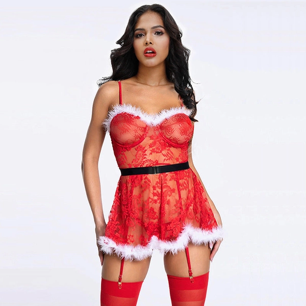 Plus Size Red Lace Garter Set Christmas Nightdress 