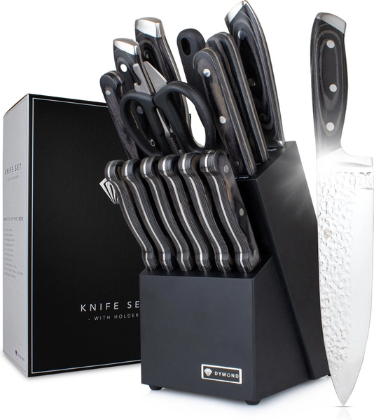 Dymund® Messenset met Blok - Koksmessen Set Incl Messenblok - (15-delig) - Gehamerd - RVS - Zwart