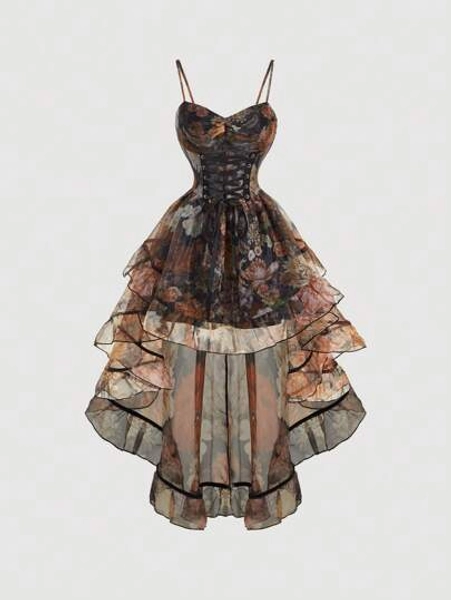 SHEIN MOD Vestido Midi com Estampa Floral Vintage, Franzido na Frente com Amarração e Bainha Desigual com Sobreposição de Tela