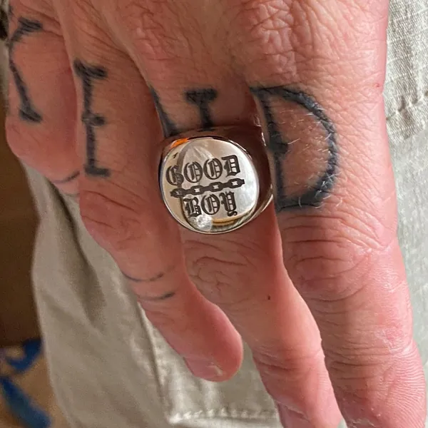 GOOD BOY high shine signet ring. Machine engraved with black finish. Weight = hefty 20g. Very chunky and weighty. Sizes 6-10