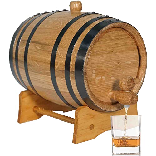 2 Liter Oak Aging Barrel with Wood Stand, Bung & Spigot - Mini Whiskey Barrel for The Home Alcohol Distiller, Brewer, Moonshiner & Winemaker - Age Cocktails, Bourbon, Whisky, Tequila, Rum, Mead Wine - 2 Liter