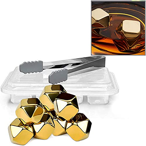 KEISSCO Stainless Steel Chilling Cubes Reusable Ice Cube Whiskey Stones for Drinks Beverage Jumbo Chilling Stones Set with Ice Tongs and Freezer Storage Tray for Whiskey, Gold Color Edition (8 Pack)