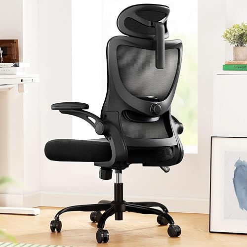 Marsail Ergonomic Office Chair: Office Computer Desk Chair with High Back Mesh and Adjustable Lumbar Support Rolling Work Swivel Task Chairs with Wheel 3D Armrests and Headrest - Black - With Headrest