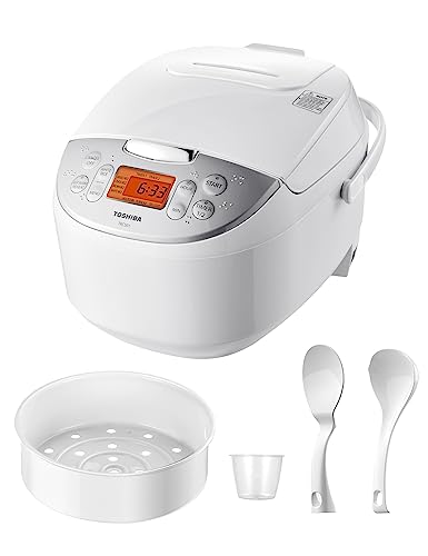 Toshiba Rice Cooker 6 Cup Uncooked – Japanese Rice Cooker with Fuzzy Logic Technology, 7 Cooking Functions, Digital Display, 2 Delay Timers and Auto Keep Warm, Non-Stick Inner Pot, White - White - 6 Cups