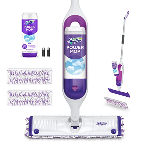 Swiffer PowerMop Multi-Surface Mop Kit for Floor Cleaning, Fresh Scent, Mopping Kit Includes PowerMop, 2 Mopping Pad Refills, 1 Floor Cleaning Solution with Fresh Scent and 2 Batteries - Purple and White