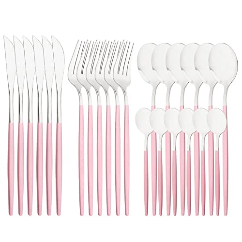 Snplowum Mirror Cutlery Serving Set, 24-piece 18/0 Stainless Steel Silverware With Pink Handle Simple & Modern Tableware For Home Party Restaurant Christmas Dinner, Service For 6 (Pink Silver) - Pink silver