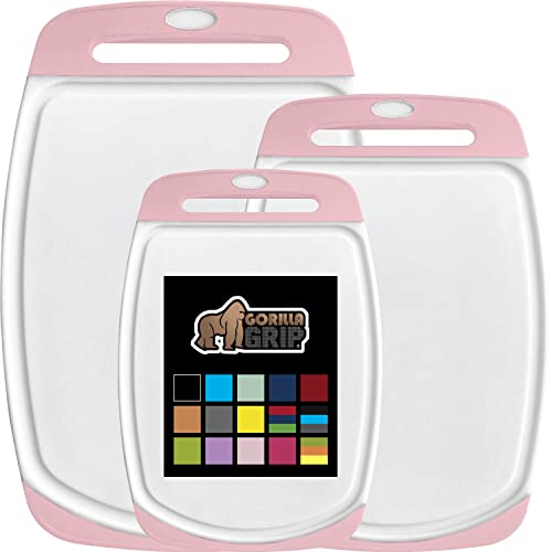 The Original Gorilla Grip Oversized 100% BPA Free Reversible Durable Kitchen Cutting Board Set of 3, Juice Grooves, Dishwasher Safe, Easy Grip Handle Border, Food Chopping Boards, Cooking, White Pink - Large (Pack of 3) - Pink/White