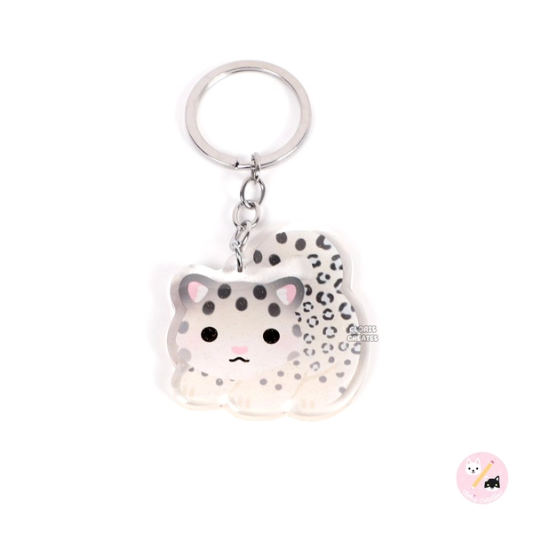Snow Leopard Acrylic Glitter Keychain | Kawaii Chibi Animal Lover Wildcat Art Charm | Cute Cartoon Wildlife Zoo Souvenir Keyring Gift