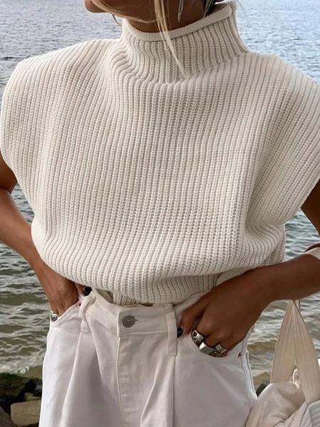 SHEIN Essnce Plus Size Turtleneck Solid Color Sleeveless Pullover Sweater, Casual For Autumn/Winter