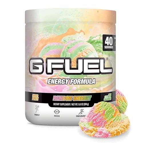 G Fuel Rainbow Sherbet Energy Drink Powder | Pre Workout Powder with Vitamin C, B12, E, B6 |  Zero Sugar & Antioxidants | Clean Caffeine Focus Supplement | Rainbow Sherbet Flavor | 9.8oz, 40 Servings