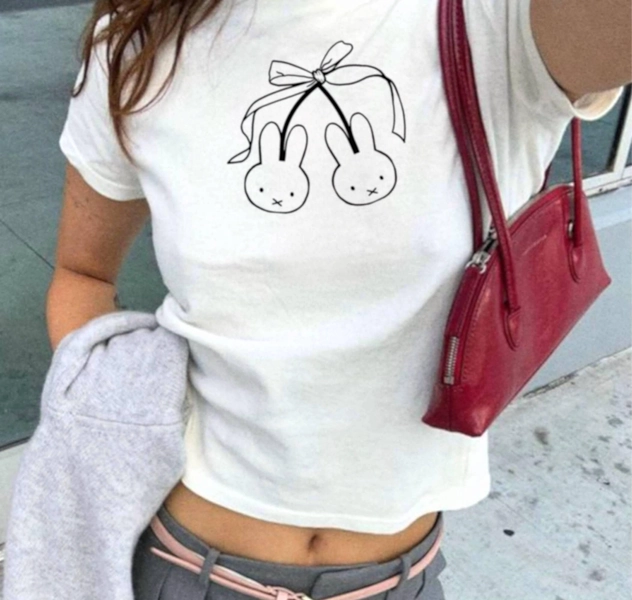 Miffy Baby Tee Miffy Bunny Cherry Ribbon Bow T-Shirt Y2K Coquette Baby Tee | Miffy Ribbon T-Shirt Baby Tee | Miffy Y2K Cottage Core Top