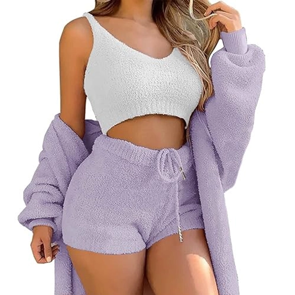 LELEBEAR Cozy Knit Set 3-Piece,Womens Sexy Fuzzy Warm Fleece 3 Piece Fleece Coat and Spaghetti Strap Crop Top Shorts Set