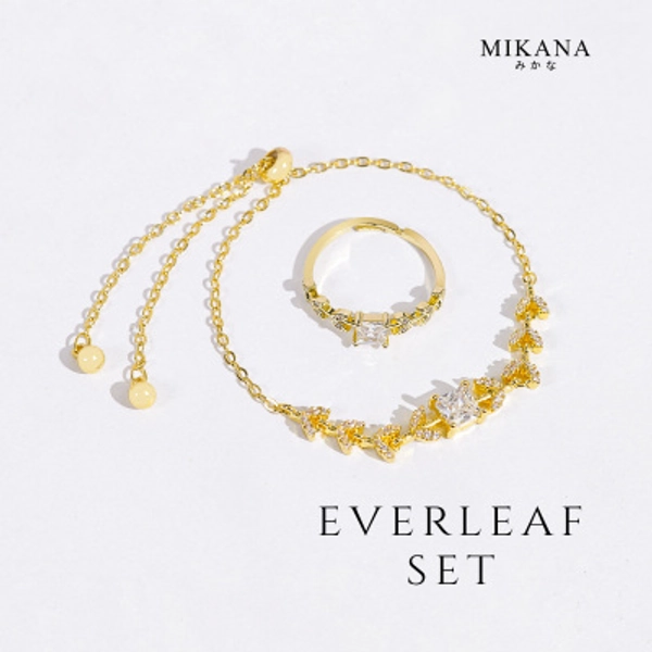 Mikana Gold Plated Everleaf Jewelry Set for women slider bracelet promise ring gift for her gift box