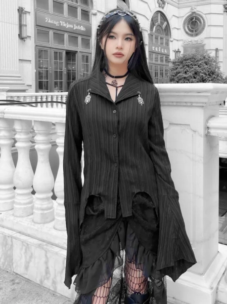 [$22.00]Punk Irregular Hem Black Shirt