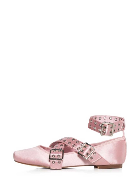 Pink Satin Square Toe Metallic Studded Buckle Strappy Ballet Flats