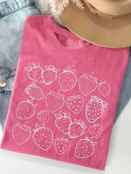 Plus Size Summer Casual Strawberry Print Short Sleeve T-Shirt