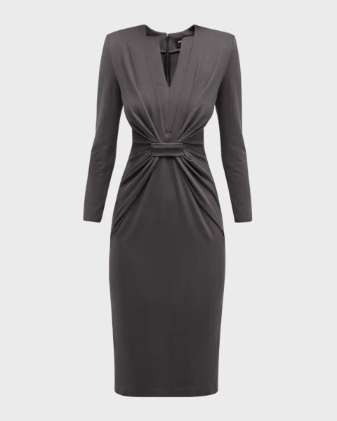Tab-Front Gathered Jersey Sheath Dress