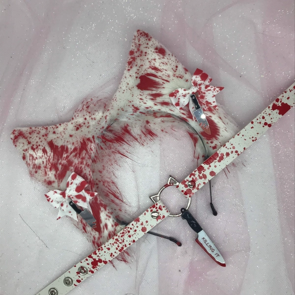18 + mature The “ Psycho  “ / White Red Cat Kitten Halloween horror Dog Ears   headband head band cosplay collar choker set blood