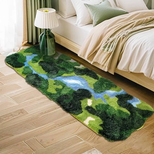 THRILRUG 24"×68" Moss Hallway Runner Rug,Shag Carpet Leaf Bedroom Rugs Non Slip Bath Mat Laundry Rug Runner,Ultra Soft WashablePlant Leaves Shaped Kids Bedside Dorm Rug for Bedroom,Living Room Green