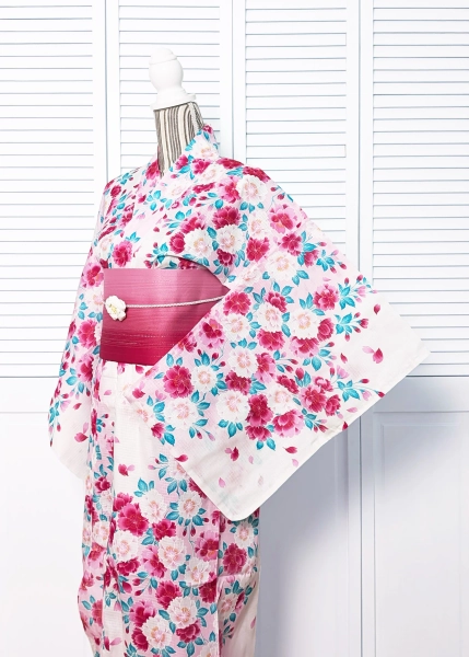 Yukata Kimono - Red and Pink Cherry Blossoms in White (Style #2643)