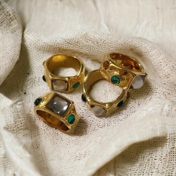 Irregular Chunky Ring Gold, Colorful Gemstone Ring, Summer Maximalist Ring, Thick Molten Gold Band, y2k waterproof, baroque colorful gems