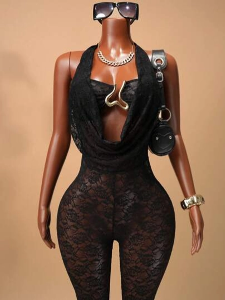 Mistrie Mono sexy de mujer de encaje transparente sin espalda con cuello halter, para verano