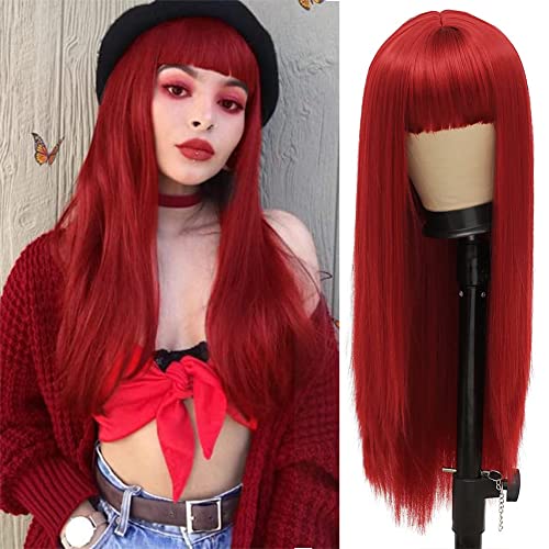 Kaneles Red Long Straight Wig with Bangs Wigs for Women Synthetic Heat Resistant Fiber Cosplay Costume Wigs - Red